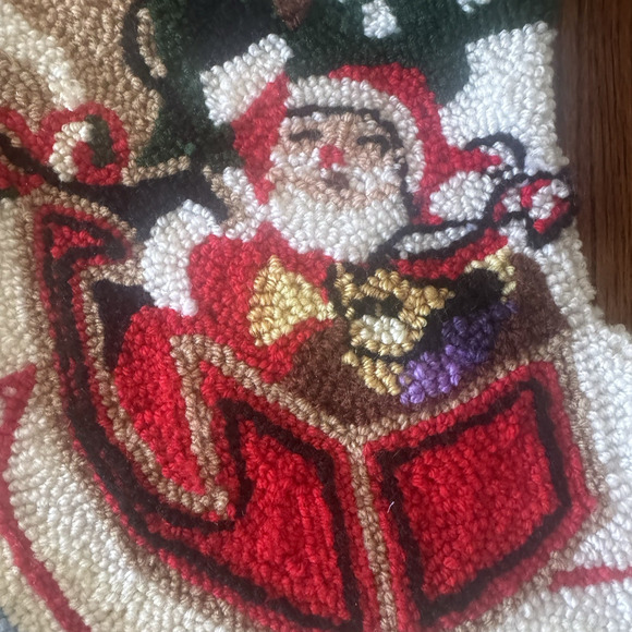 Christmas Stocking Vintage Loop Needlepoint 17" Santa Sleigh Reindeer Kitschy - Picture 2 of 9